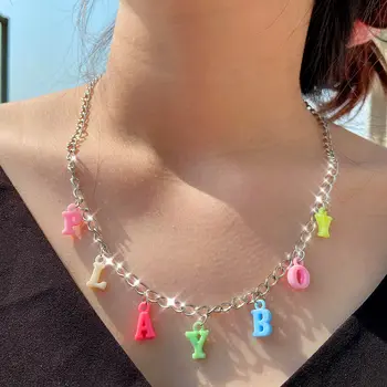 

Flatfoosie Fashion Simple Letter Pendant Necklace For Women Multicolor Letter Silver Color Long Chain Necklace Cute Jewelry