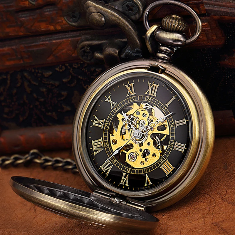 Antique Bronze Mechanical Pocket Watch Luminous Hanging Clip for Men Women Steampunk Skeleton Fob Chain Reloj montre de poche | Наручные