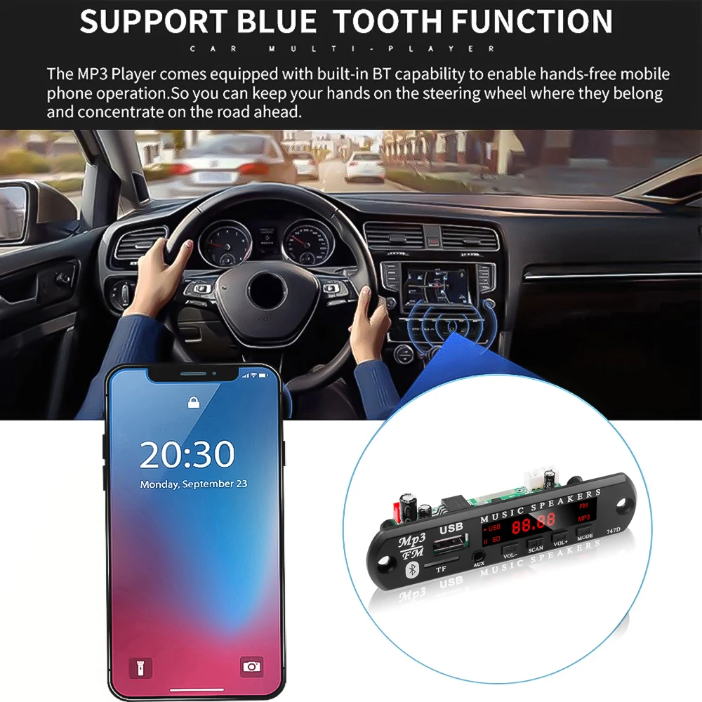 KEBIDU 12V MP3 Player Decoder Board Bluetooth 5.0 6W Amplifier Car FM Radio Module Support TF USB AUX FM 2*3W Amplifier