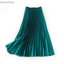 BunniesFairy осень зима Женская Ретро сатиновая флуоресцентная синяя юбка с эластичной резинкой на талии сверкающая плиссированная юбка миди