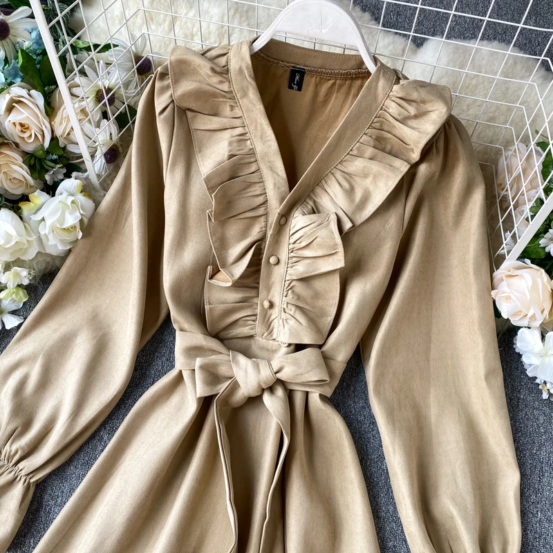 Новая модная женская одежда осенние платья с v-образным вырезом платье с длинным рукавом