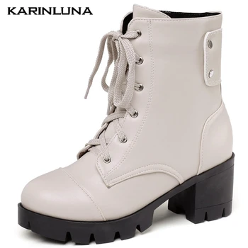 

Karinluna New Large Sizes 46 Shoelaces Square High Heels Platform Leisure Fall Winter Woman Shoes Motorcycles Ankle Boots