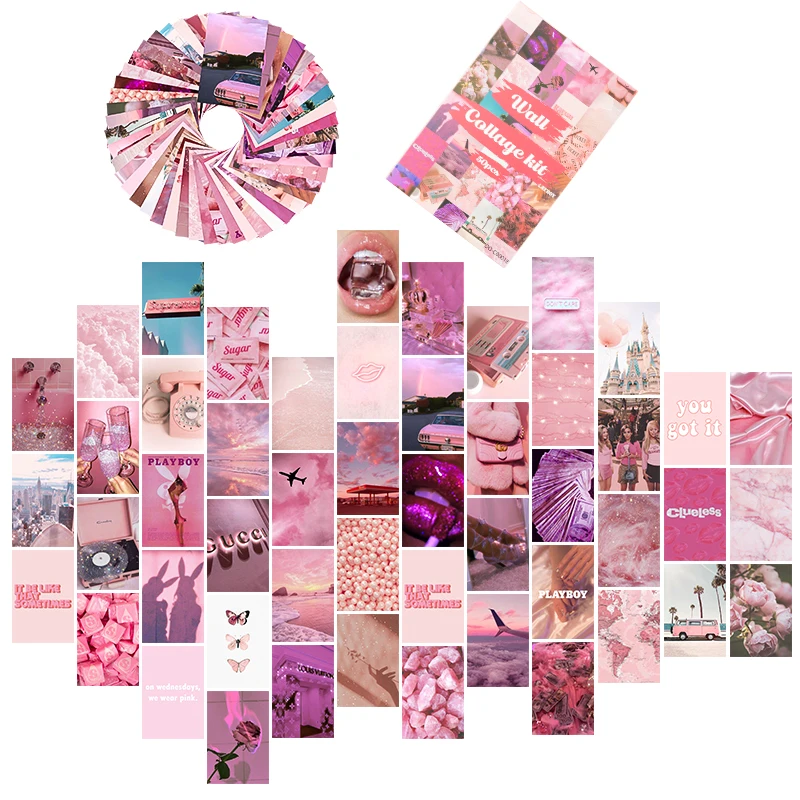 50PCS Pink Aesthetic Wallpapers, Rosy Collage Print Kit, Wall Art Prints  for Room, VSCO Posters for Girls 