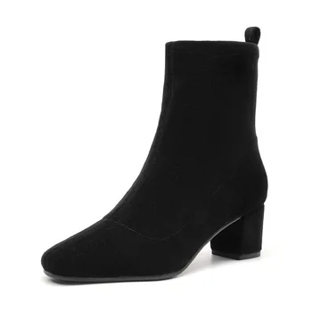

2020 Free Shipping Handmade Genuine Leather Women Mid-calf Boots Slip On Fashion and Dress Boots Suqare Toe Thick Heel 02404