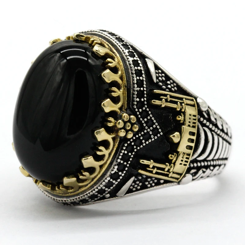 Black Natural Agate Stone Ring 925 Silver Men's Ring Castle Turkish Constantinople Auspicious Vintage Signet Ring Track Wedding 2