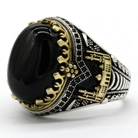 Black Natural Agate Stone Ring 925 Silver Men's Ring Castle Turkish Constantinople Auspicious Vintage Signet Ring Track Wedding 2