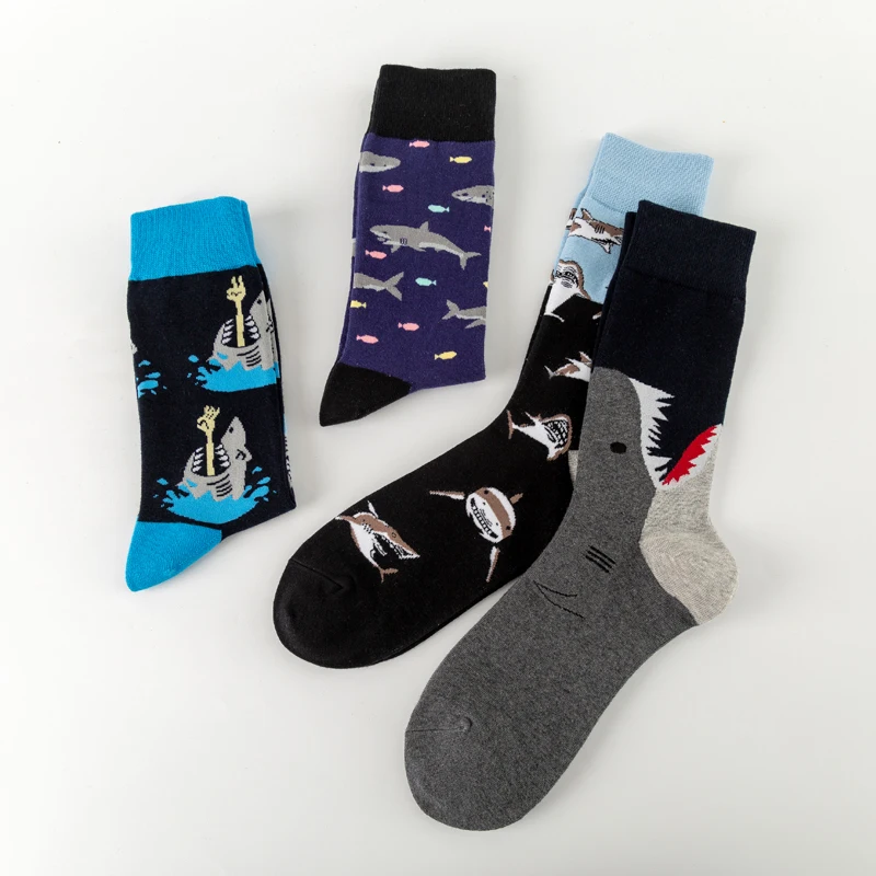 Новинка, повседневные мужские носки из чесаного хлопка, забавные носки в стиле Харадзюку, уличные носки в стиле хип-хоп, разноцветные Длинные Носки с рисунком акулы для мужчин