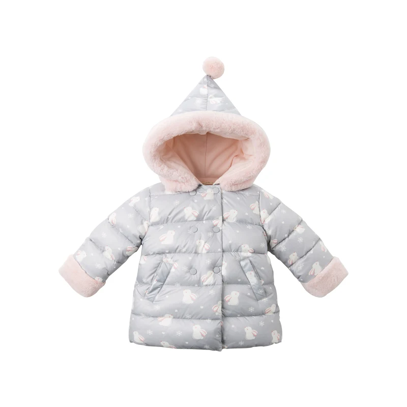 rabbit print Dave bella/DBM11728; зимнее пуховое пальто с капюшоном и карманами для маленьких девочек; Верхняя одежда; детская куртка с подкладкой из 90% белого утиного пуха - Color: rabbit print