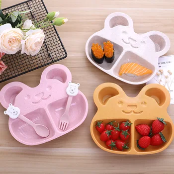 

Disney Cartoon Pooh Children's Grid Plate Fork Spoon Three-piece Set Wheat Straw Cutlery Divider Plate Home Breakfast Plate