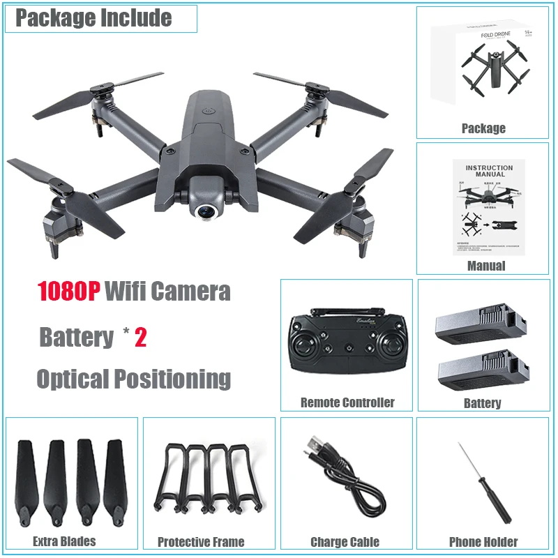 Optical 1080P 2 Bat Квадрокоптер мини-Дрон 4K HD Wifi FPV камера складной Радиоуправляемый вертолет оптическое положение потока игрушки селфи красота Дрон высота парение - Цвет: Optical 1080P 2 Bat