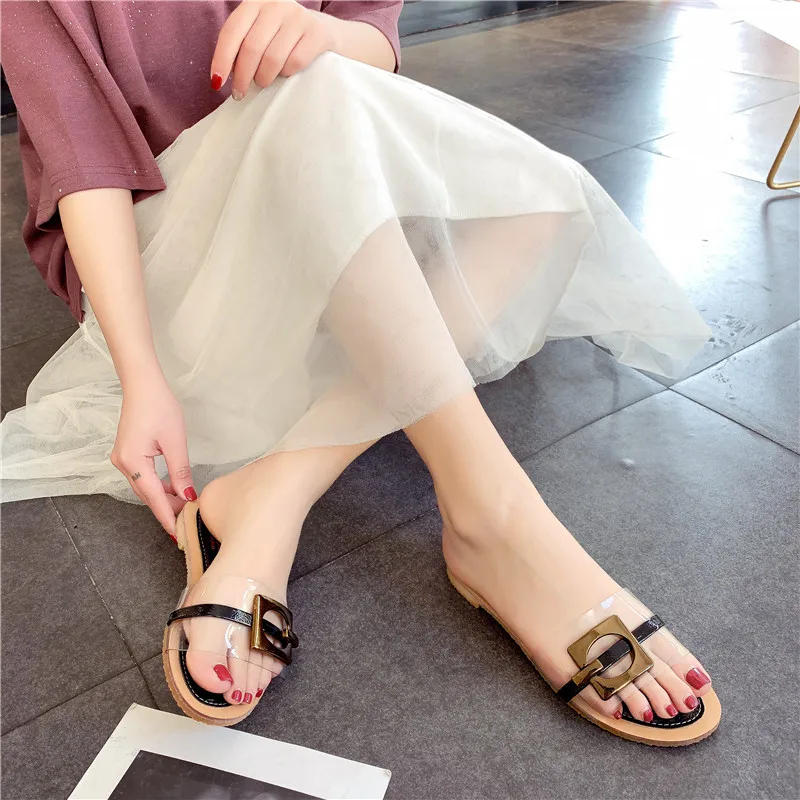 

Korean-style WOMEN'S Slippers 2019 New Style A- line Transparent Metal Buckle Mixed Colors Sandals Anti-slip Outer Wear Sandals