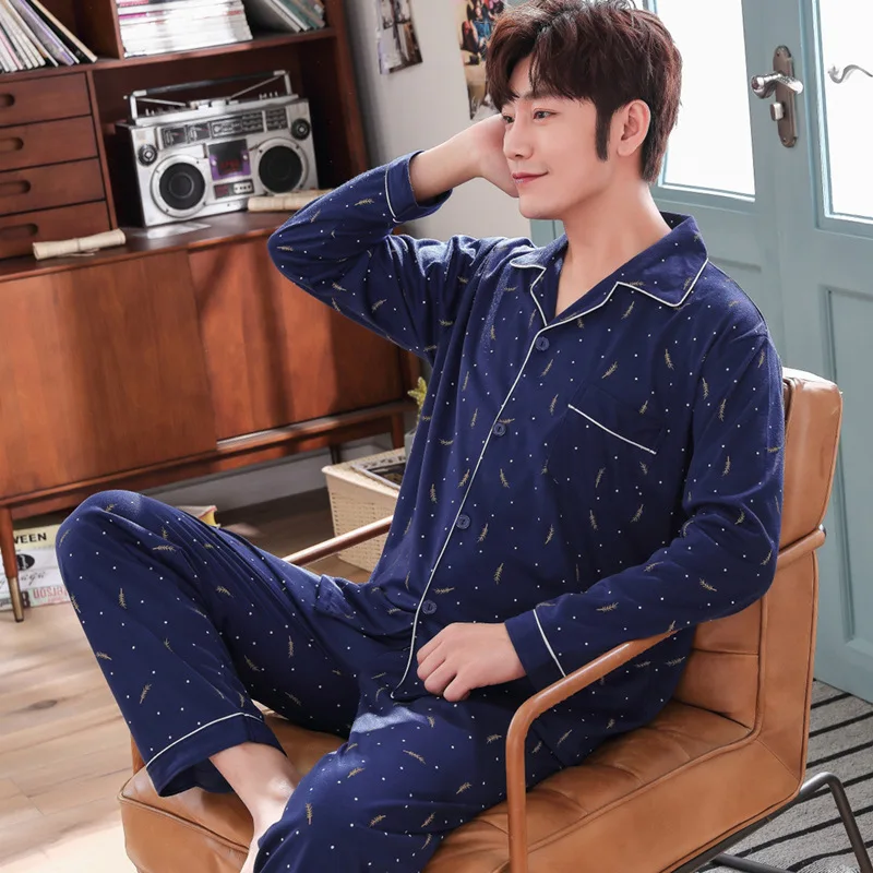 

Pajamas Men Pure Cotton Long Sleeve Spring And Autumn Large Size Autumn And Winter Thin Greenish Blue Middle-aged Tracksuit Men'