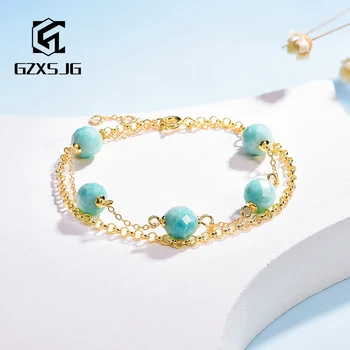 

GZ Natural Amazonite Gemstone 100% 925 Sterling Silver Chain Bracelet for Women Yellow gold Link Chain Beads Bracelets for Gifts