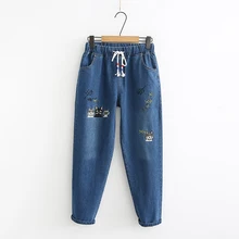 Осень, милые женские прямые джинсы с вышивкой в виде кота, с эластичной резинкой на талии, свободные брюки для молодых девушек, цвет синий и голубой
