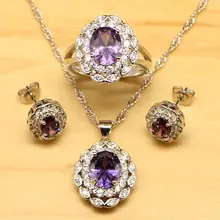 Овальный Фиолетовый кубический циркон белый CZ Женский комплект ювелирных изделий из стерлингового серебра серьги/кулон/ожерелье/кольцо бесплатно Boite Cadeau