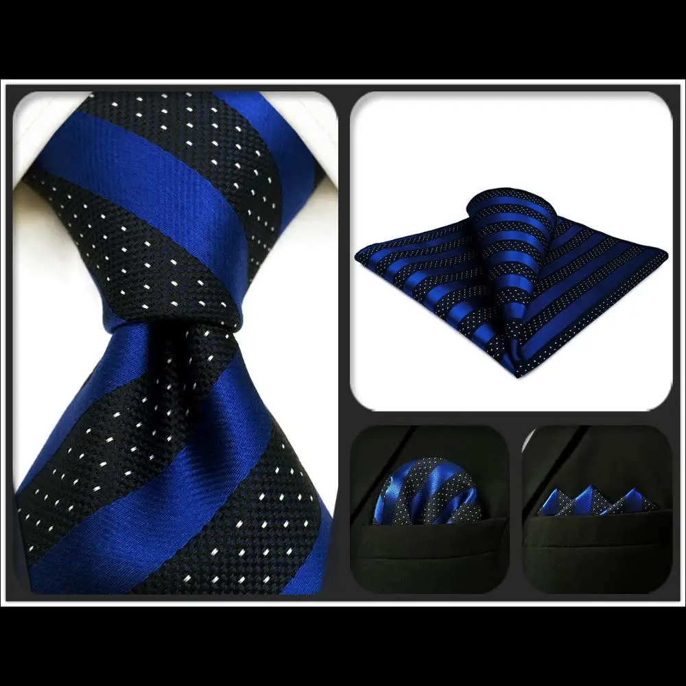 

G06 Blue Black Striped Men's Necktie Set Classic Groom Ties for Men Extra long size Business Fashion Hanky