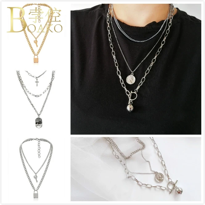 

BOAKO Rapper Men Chain Necklace Coin Cross Pendant Necklace Women Long Link Chain necklace hip hop jewelry Punk Girl collier K5