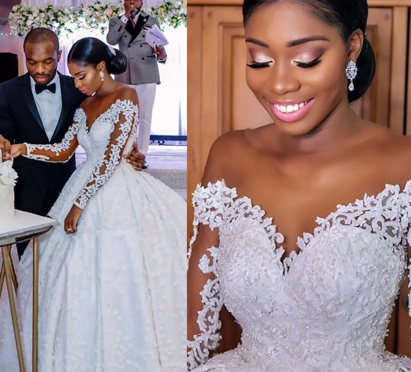 2021 New Luxury Long Sleeve Ball Gown Wedding Dress Illusion Top Pearl Beaded Lace Bridal Gown