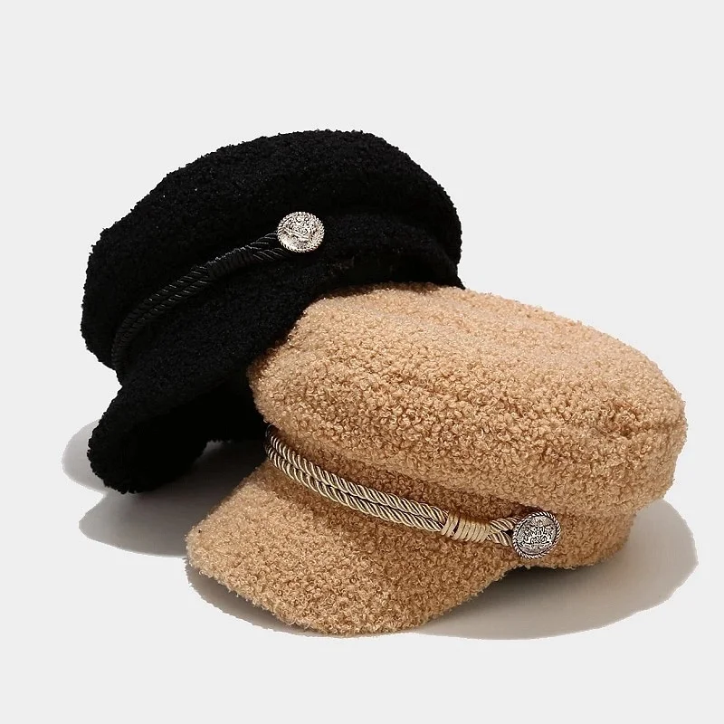 Fashion Lambswool Newsboy Cap Ladies Casual Keep Warm Flat Top Hat Female Autumn Winter Military Cap Women