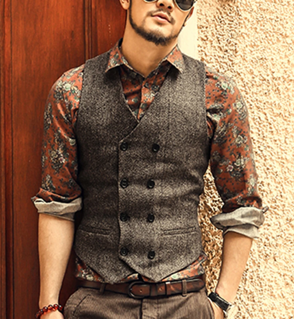 

Men's Waistcoat Wool Tweed Slim Fit Leisure Cotton Suit Vest Gentleman Herringbone Pattern Beckham business Brown Wedding Groom