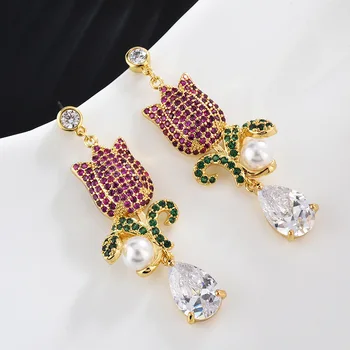 

Fashion Pearl Water Drop Rose Flower Earrings For Girl Micro-inlaid zirconia Romantic Individuality Birthday Gifts Brand Jewelry