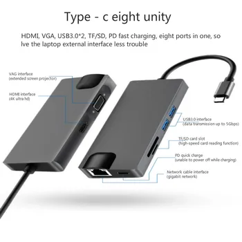 

Typec8-1 Docking Usb3.1type-c To Hdmi/ VGA Multi-port Docking with Network Card Converter