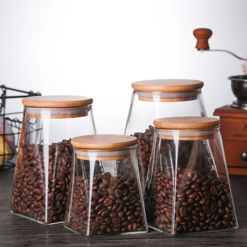 

Wood Lid Glass Airtight Canister Glass Bottle Coffee Storage Tank Tea Jar Sugar Organizer Container Kitchen Square Bottle