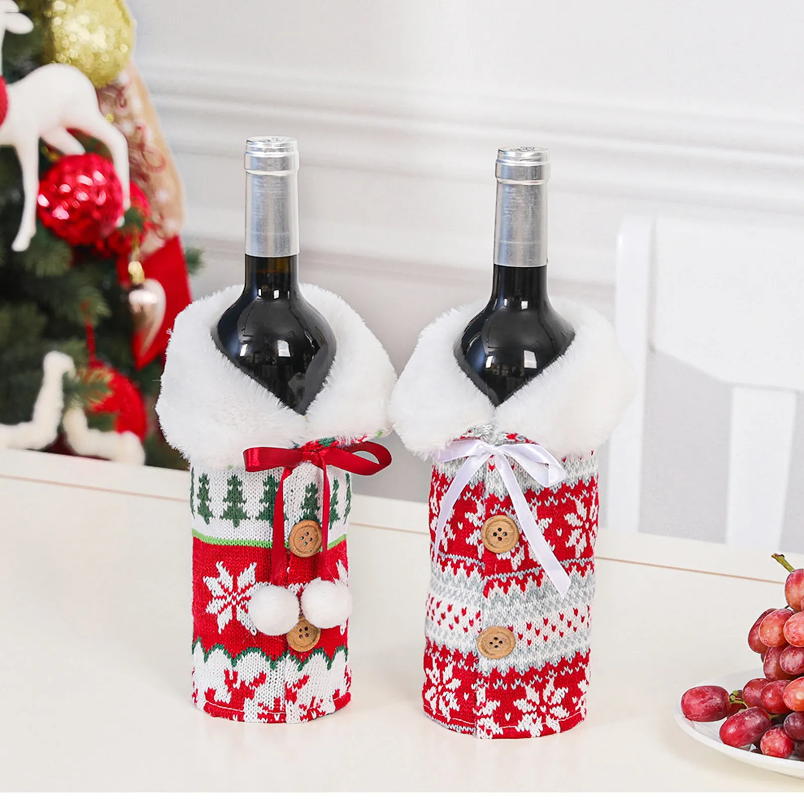 Qazuwa Funda de Botella de Navidad Bolsas Navideñas para Botellas 2 Piezas Cubierta de Botella de Vino de Navidad Bolsa De Botella De Vino De Navidad para La Decoración de La Cena de Navidad 