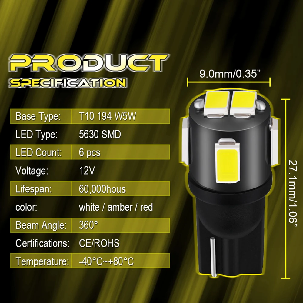 Katur 10 шт. W5W LED T10 Светодиодные лампы оранжевые красные Автомобильные фары 194 168