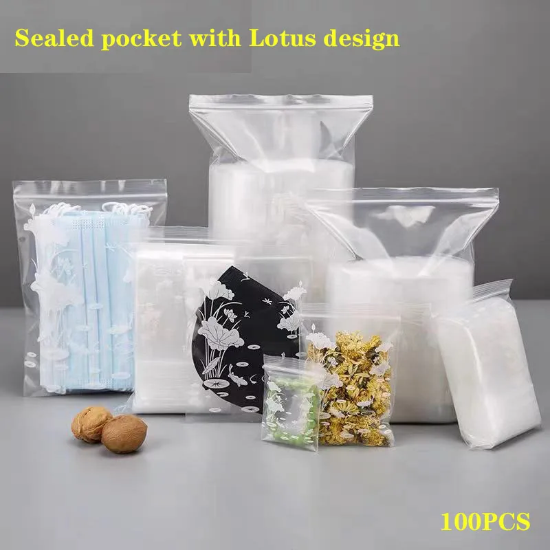 

Thickened self-sealing bag transparent plastic clip bag printed lotus pattern jewelry small storage bag sealed cartoon packaging
