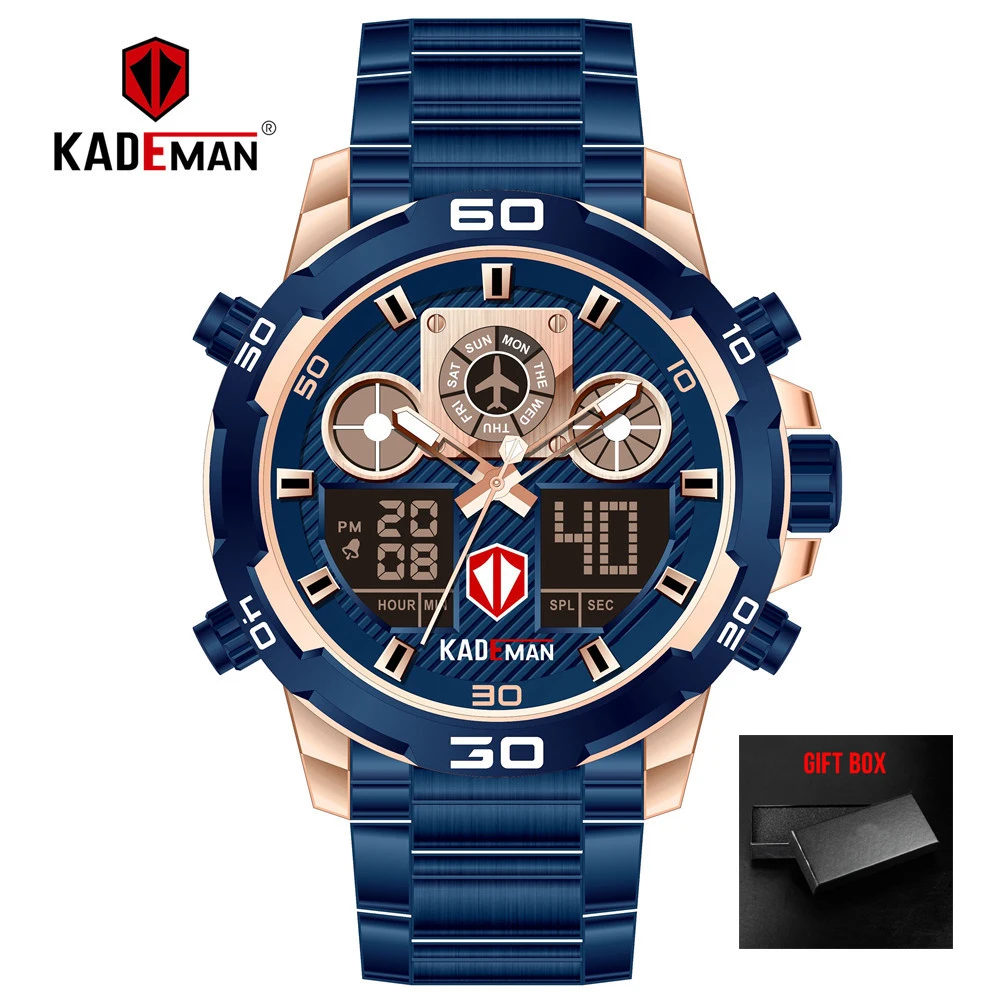 blue KADEMAN мужские часы из полной стали спортивные цифровые часы водонепроницаемые Топ люксовый бренд светодиодный Мужские кварцевые наручные часы Relogio Masculino - Цвет: blue