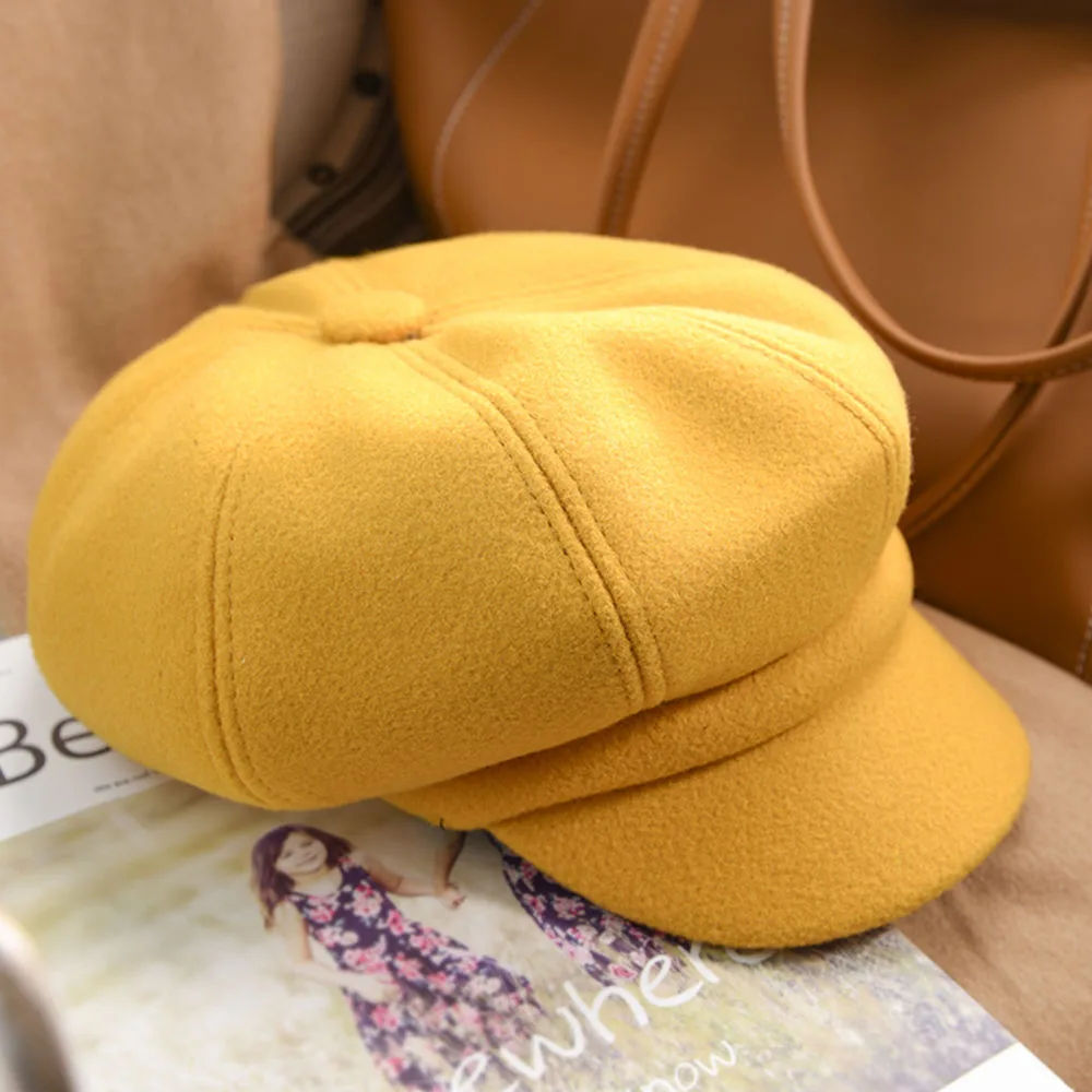 Новинка, женские зимние шапки, теплая кепка газетчика, Осенняя шерстяная восьмиугольная берет, шапка, женская военная Кепка с козырьком,, O4MZ082 - Цвет: Yellow