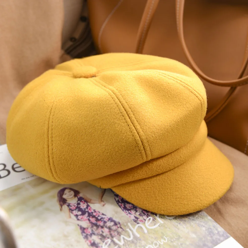 Yellow Новинка, женские зимние шапки, осенняя шерсть, восьмиугольный берет, теплая шапка кепка газетчика, женская военная Кепка с козырьком,, O4MZ082 - Цвет: Yellow