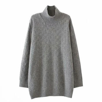 

Women Autumn Plaid Loose Turtleneck Sweater Female Plus Size Casual Pullovers Knitwear Solid Color Jumpers YY9585