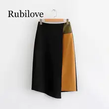 Женская юбка контрастного цвета с высокой талией в стиле пэчворк, на молнии сбоку, Офисная Женская стильная Асимметричная юбка, повседневные юбки