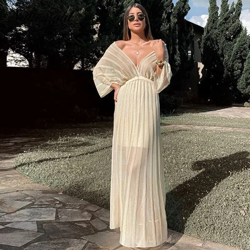 

PFFLOOK Striped Deep V Neck Women Elegant Party Dress Floor Length Female Maxi Dress Off Shoulder Long Sexy Dresses Vestidos
