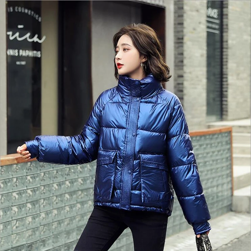 

2020 Large size winter new glossy thickened stand collar big pockets short loose casual student bread clothing jacket women
