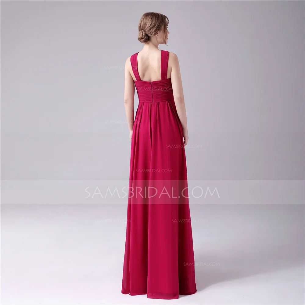 A-Line Высокая шея Длина пола шифон платье невесты с рюшами Ruched