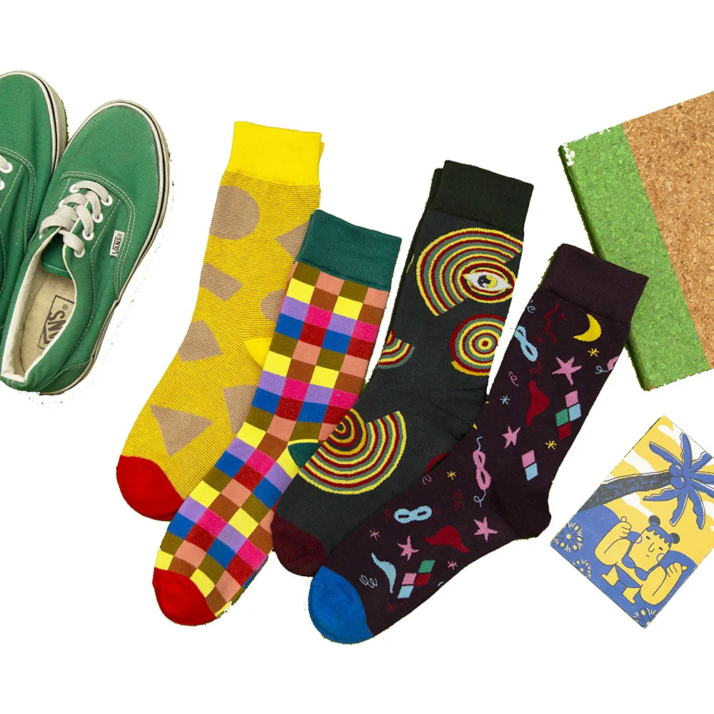 Новые мужские высококачественные забавные модные повседневные хлопковые носки с ромбовидной решеткой, 4 пары - Цвет: 4 colors random