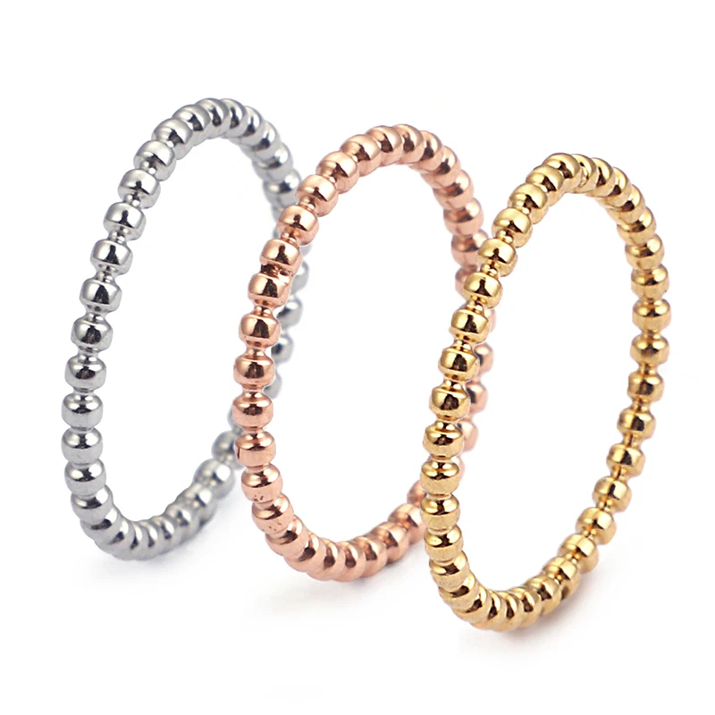 Stainless Steel Ring Finger Ring Gold Color Ring Silver Ring Girls 2mm Width Small Wave Design Ring Rose Gold Silver Color Stainless Steel Beads Ring for Women