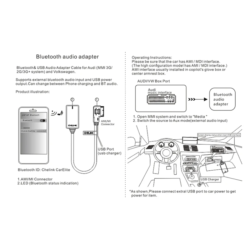AMI MMI MDI Wireless Aux Bluetooth Adapter Cable Audio Music Auto Bluetooth for Audi A3 A4 B8 B6 Q5 A5 A7 R7 S5 Q7 A6L A8L A4L