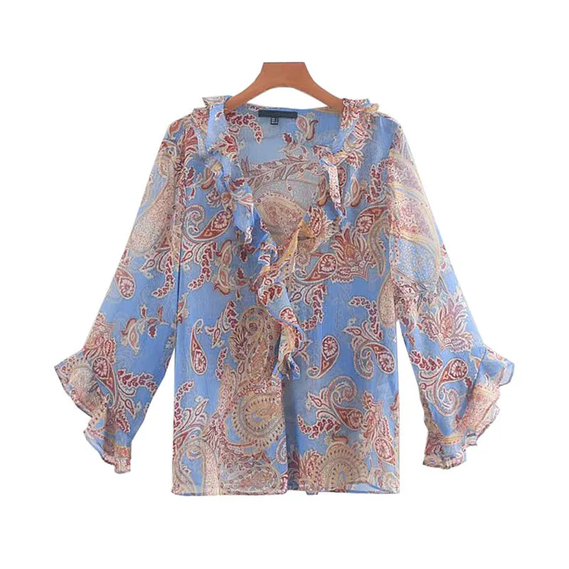 

2019 Long Sleeve Women Tops Vintage Floral Print Chiffon Women Blouses Fall Chic Ruffles V Neck Casual Boho Women Shirts