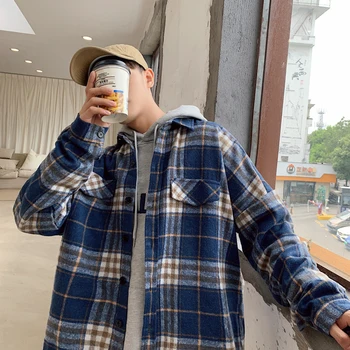 

2019 Autumn And Winter New Youth Temperament Trend Plaid Contrast Color Lapel Men's Jacket Shirt Camisa Masculina Streetwear