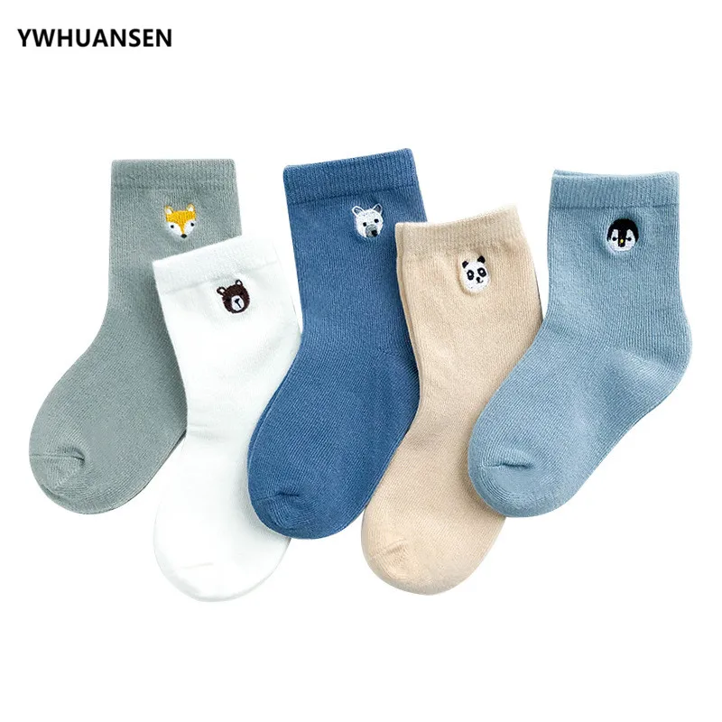 YWHUANSEN/5 пар/лот, хлопковые детские носки для мальчиков от 1 до 11 лет осенне-зимние полосатые носки с вышивкой для маленьких девочек
