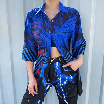 

Punk Womens Spider Letter Print Blouse Harajuku Short Sleeve Turn Down Collar Tops Summer Casual Loose Shirt Streetwear