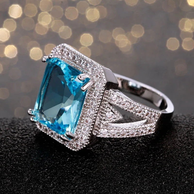 Bague Ringen, прямоугольное кольцо с аквамарином, серебряное, 925, для женщин, для женщин, с геометрическим орнаментом, хорошее ювелирное изделие с драгоценными камнями, подарок на помолвку, Size6-10
