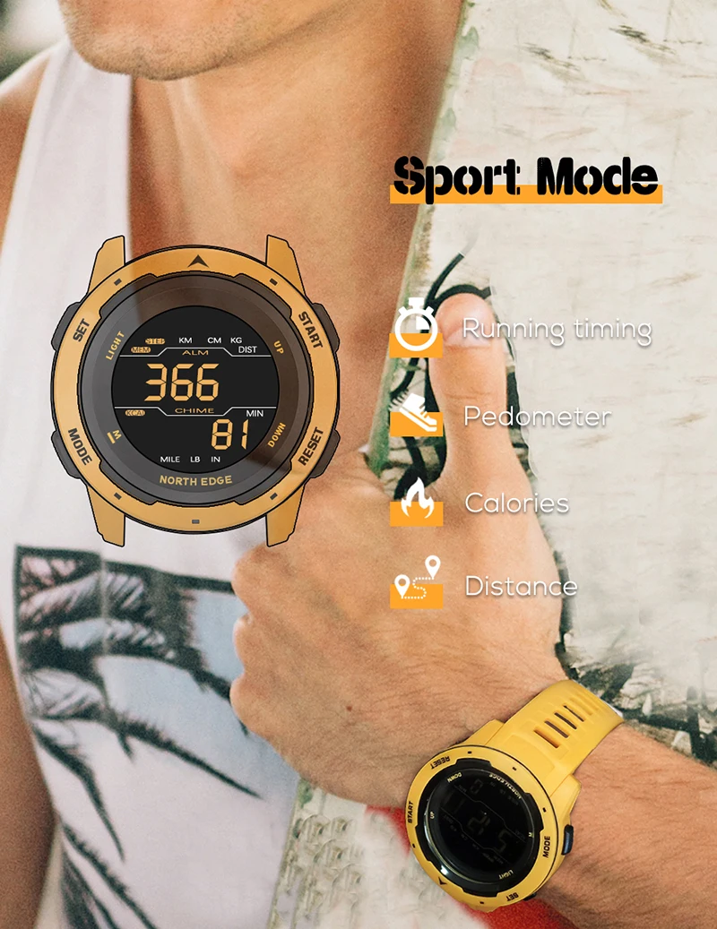 NORTH EDGE Mars Men Smartwatch Women Sports Watches Military Clock Dual Time Pedometer Digital Alarm Countdown Waterproof 50M