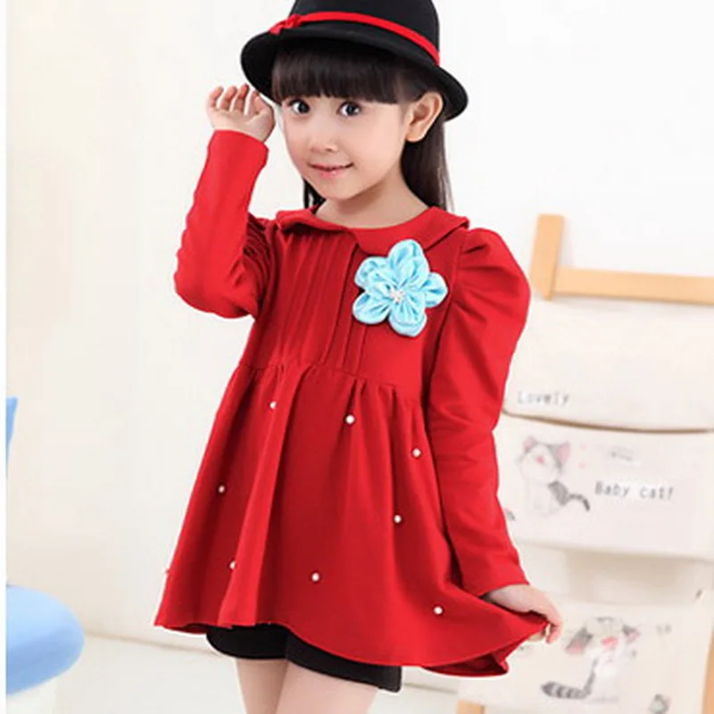 Красное зимнее платье принцессы для девочек хлопковое детское осеннее с длинным