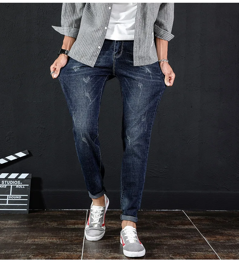 Осень стиль Мужские джинсы корейский стиль тренд Slim Fit Мужские брюки молодежные модные повседневные Эластичные Обтягивающие Брюки