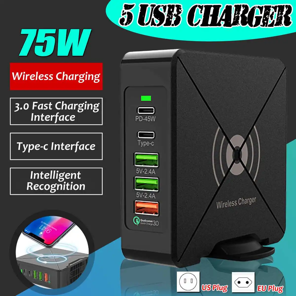 USB 3,0 Быстрая зарядка 75 Вт 5-Порты и разъёмы USB Wall Зарядное устройство Беспроводной Зарядное устройство для путешествий на мобильный телефон Зарядное устройство для iphone XR для samsung S10